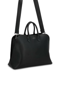Sort læderhåndtaske med dobbelt håndtag og en aftagelig skulderrem. Glat tekstur, rund form og diskret mærke logo detaljering.