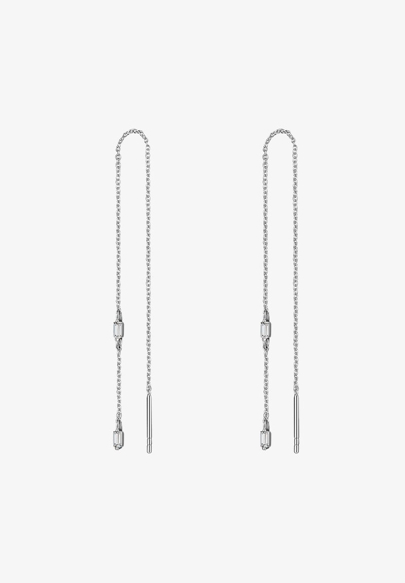 Hõbedased kettide kõrvarõngad piklike lingidega, millel on kaks sümmeetrilist rippuvat osa ja silindrilised aktsendid igas otsas.