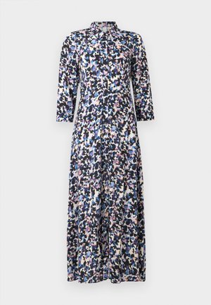 Vestido maxi de manga longa, abotoado, com gola e estampado floral abstracto em azul marinho, roxo, preto e branco sobre um fundo claro.