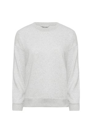 Hellgraues Sweatshirt mit Rundhalsausschnitt, langen Ärmeln, gerippten Bündchen und Saum, mit kleinem „Pixie Girl“-Label innen im Kragen.