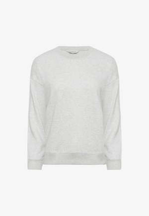 Hellgraues Sweatshirt mit Rundhalsausschnitt, langen Ärmeln, gerippten Bündchen und Saum, mit kleinem „Pixie Girl“-Label innen im Kragen.