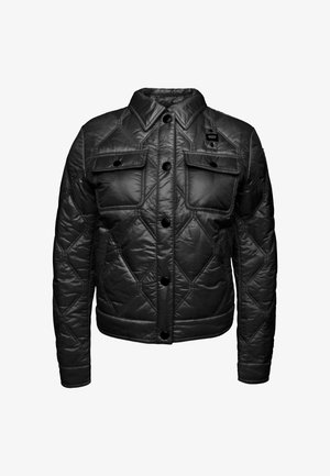 Schwarze gesteppte Jacke mit doppelter Knopfleiste, ausgestattet mit einem Reverskragen, zwei Brusttaschen und runden Knopfverschlüssen.