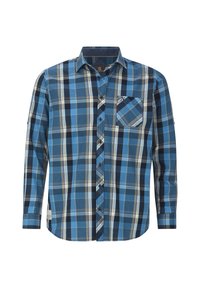Langärmliges, karierter blaues Hemd mit Knopfleiste und Brusttasche, versehen mit navy, weißen und gelben Streifen.