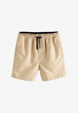 Beige Badehose aus leichtem Stoff, mit einem elastischen Bund und einem schwarzen Kordelzug sowie zwei Seitentaschen.