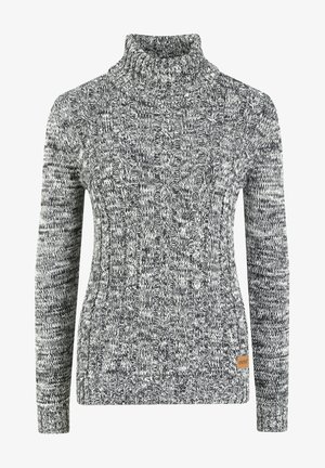 Melnā un baltā krāsā adīts augsto apkakli džemperis ar teksturētu kabelveida rakstu, ar ribinātu apkakli un mazu zīmola etiķeti apakšmalā.