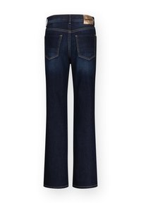 Jeans in denim blu scuro con design a gamba svasata. Le caratteristiche includono una vita di media altezza, due tasche posteriori e una patch in pelle con il marchio.