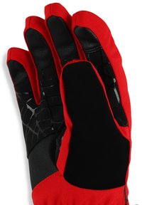 Rote Handschuhe mit schwarzen synthetischen Lederflächen und Fingerspitzen, strukturierten Grip-Mustern und einem weichen Stofffutter entlang der Handgelenke.