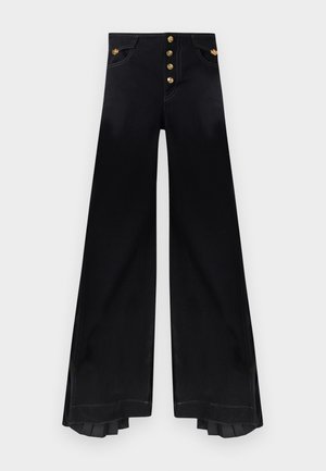 Pantalon noir taille haute à jambes larges avec cinq boutons dorés et un détail plissé à l'intérieur de l'ourlet.