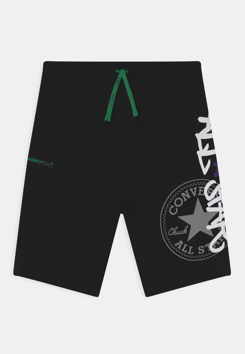Short noir avec cordon vert, poche latérale zippée et logo blanc Converse Chuck Taylor All Star sur la jambe droite.