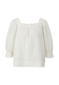 Haut blanc texturé avec un décolleté carré, des manches bouffantes et des poignets volantés. Présente un motif à pois subtil et des détails en dentelle à l'ourlet.