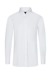 Witte lange mouwen shirt met een puntige kraag, knoopsluiting aan de voorkant en een gladde textuur. Heeft een standaard pasvorm en een getailleerd ontwerp.