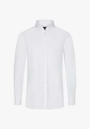 Biała koszula z długim rękawem, z wkładanym kołnierzykiem, z zapięciem na guziki z przodu i gładką fakturą. Posiada standardowy krój i dopasowaną sylwetkę.
