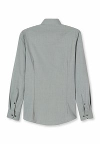 Grijs shirt met lange mouwen met een effen textuur, knoopmanchetten en een klassieke kraag; heeft een afgeronde zoom en zijsplitten voor bewegingsvrijheid.