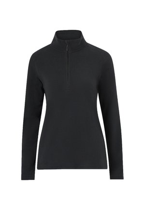 Zwarte fleece pullover met een halve rits kraag, lange mouwen en een zacht textuurstof. Eenvoudig ontwerp zonder patronen of versieringen.