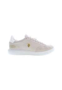 Beiga lädersneakers med slät yta, vit gummisula, guldlogotyp och detaljer, rund tå och sex öglor för snörning.