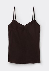 Top caraco noir sans manches avec doubles bretelles fines et un subtil décolleté en V sur fond blanc.