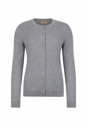 Grå stickad kofta med rund halsringning, knappstängning fram, långa ärmar och ribbad nederkant och ärmslut. Mjuk textur och enkel design.