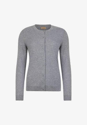 Grå stickad kofta med rund halsringning, knappstängning fram, långa ärmar och ribbad nederkant och ärmslut. Mjuk textur och enkel design.