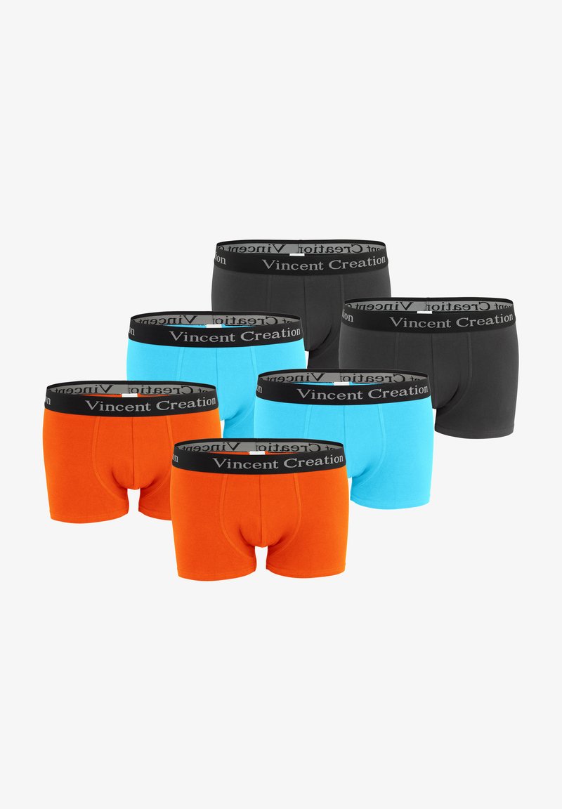 Pack de cinq boxers en noir, orange et bleu. Chacun d'eux présente une ceinture de logo portant l'inscription "Vincent Creation". Tissu en coton doux.