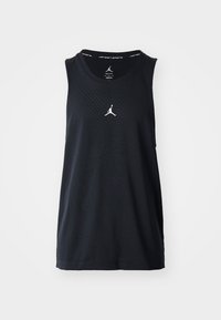 Débardeur noir sans manches pour le sport, avec une texture perforée, un col rond et un logo blanc de Jordan à l'avant.