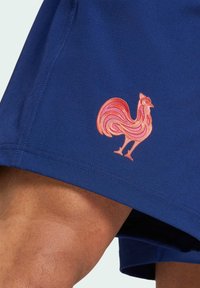 Marinblå shorts i mjukt tyg med en detaljerad rosa broderad tuppdesign på nederkanten av vänster ben.