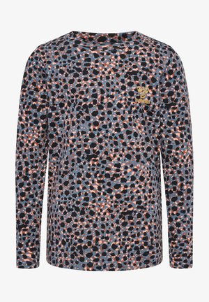 Langärmliges Hemd aus gemustertem Stoff mit einer Mischung aus schwarzen, pfirsichfarbenen und blauen Punkten. Enthält ein kleines, goldenes Logo-Detail auf der Vorderseite.