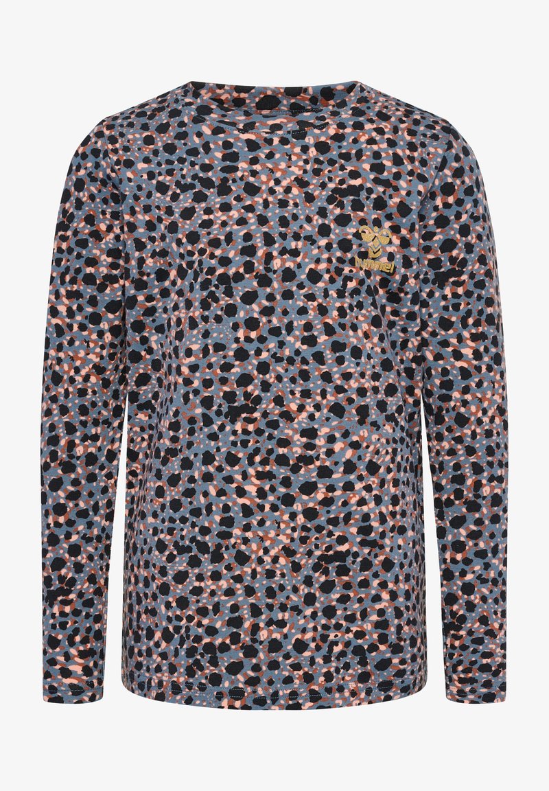 Langärmliges Hemd aus gemustertem Stoff mit einer Mischung aus schwarzen, pfirsichfarbenen und blauen Punkten. Enthält ein kleines, goldenes Logo-Detail auf der Vorderseite.