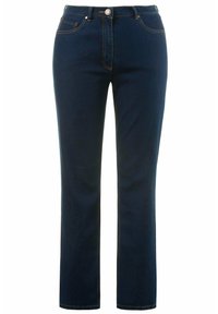 Jeans en denim bleu foncé avec une coupe droite, poches avant et coutures contrastées. Dotés d'une taille boutonnée et d'un zip.