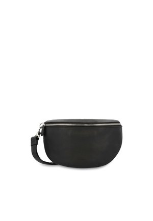 Black leather waist bag with a silver zipper and adjustable strap, shown against a white background.