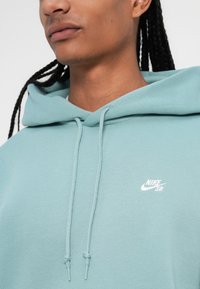 Sudadera verde menta con cordón, que presenta un logo blanco de Nike SB en el pecho. La tela tiene una apariencia suave y texturizada.