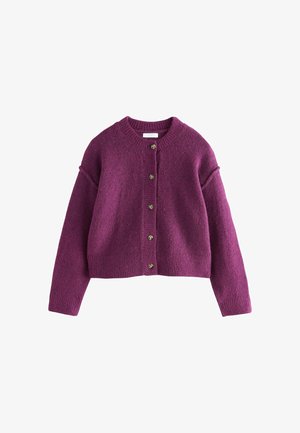 Purple knit cardigan with five buttons down the front, long sleeves, and ribbed cuffs and hem.