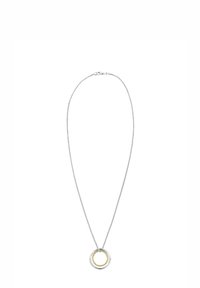 Sølv kædedesign med en vedhæng indeholdende sammenflettede sølv- og guld ringe, der fremhæver en glat metallisk finish og cirkulær form.