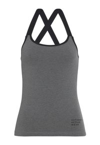 Gray activewear tank top with black straps, featuring a crisscross design at the back and a logo print on the lower front. Smooth texture.