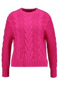 Pull en tricot rose vif avec motifs torsadés, manches longues, bordures côtelées aux poignets, à l'ourlet et à l'encolure ronde.