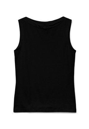 Must musta varrukateta top ümar kaelusega, nähtud tagantpoolt.