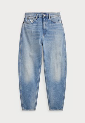 Light blue denim jeans with a relaxed fit, featuring distressed accents, a straight leg, and a slightly faded texture.