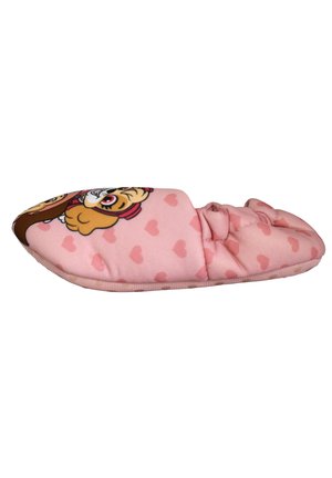 Pantofole rosa per bambini con motivi a cuore e faccia di cane dei cartoni animati sul davanti, con tallone elasticizzato per una calzata aderente.