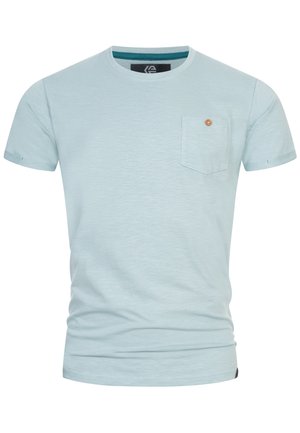Light blue cotton t-shirt with short sleeves, round neckline, and a small chest pocket featuring a wooden button detail.