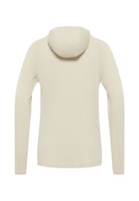 Helle beige Langarm-Hoodie mit rundem Kapuzen, glatter Textur und minimalistischem Design. Besitzt nahtlose Schultern und gerippte Bündchen.