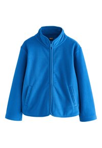 Jachetă albastră din fleece, cu guler  înalt, fermoar pe toată lungimea și buzunare laterale. Textură moale și croială ușor largă.