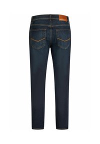 Donkerblauwe denim jeans met een klassiek vijfzakkenontwerp, contrasterende stiksels, leren label op de taille en een rechte pijp.