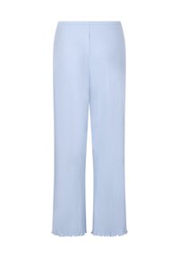 Lichtblauwe ribgebreide broek met elastische tailleband en een golfrand aan de brede rechte pijpen.
