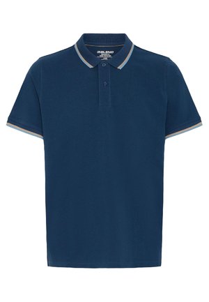 Marineblauw poloshirt met korte mouwen, gestreepte kraag en mouwmanchetten, knoopsluiting met twee knopen en een normale pasvorm.