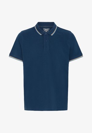 Mørkeblå kortermet polo skjorte med stripete krage og ermekanter, to-knaps knappestolpe og normal passform.