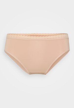 Beige høyt liv truse laget av glatt stoff, med en scalloped blondekant rundt midjen for kontrast og detaljer.