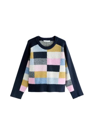 Knit sweater in navy with a multicolored patchwork pattern, featuring yellow, pink, blue, and black accents. Crew neckline and long sleeves.