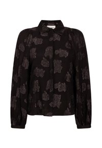 Black shirt with long puffed sleeves, features a textured pattern in dark gray, button-up front, and classic collar design.