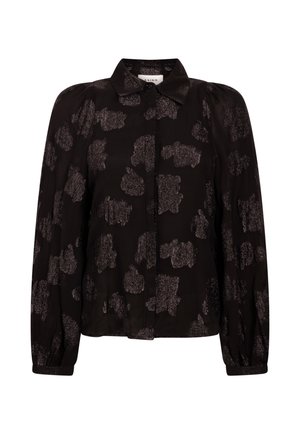 Zwarte shirt met lange, uitlopende mouwen, beschikt over een textuurpatroon in donkergrijs, knoopsluiting aan de voorkant en een klassiek kraagontwerp.