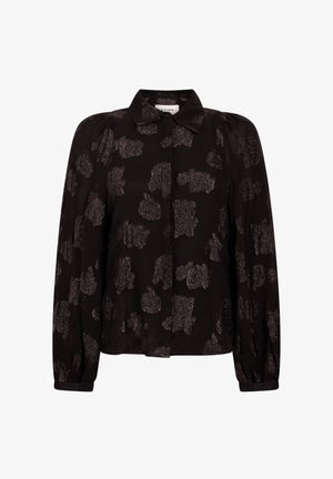 Zwarte shirt met lange, uitlopende mouwen, beschikt over een textuurpatroon in donkergrijs, knoopsluiting aan de voorkant en een klassiek kraagontwerp.