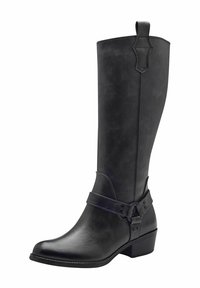 Botte noire en cuir haute, avec un design épuré, un bout arrondi et une sangle décorative autour de la cheville. Talon bloc et texture lisse.